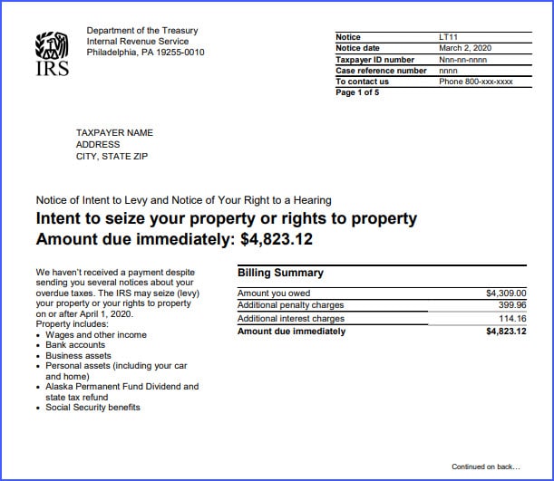 Generic Sample of LT11, Final Notice of Intent to levy.