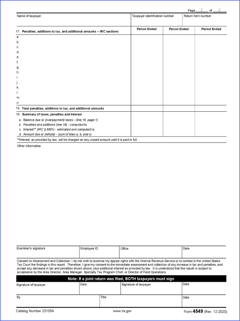 Page 2 of Form 4549 detailing specific adjustments and calculations from IRS examination.