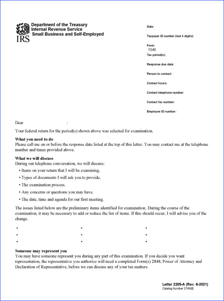 Page 1 of IRS Letter 2205-A notifying taxpayer of IRS examination