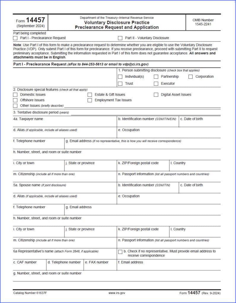 First page of IRS Form 14457 Part I - Preclearance Request, used for voluntary disclosure to determine eligibility for the IRS Voluntary Disclosure Practice.